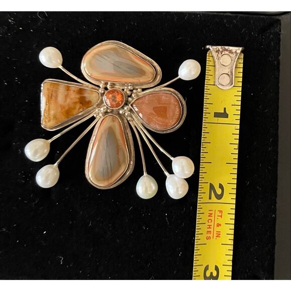 Artisan Sterling Silver Pendant with Jasper, Pearl Accents & Gemstone Center - Picture 6 of 7